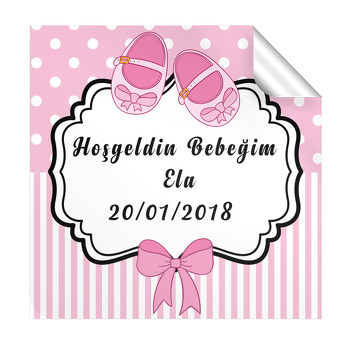 Pembe Kurdela Çerçeve Temalı Bebek  Kare Etiketi