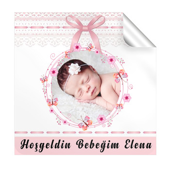 Pembe Kurdela Temalı Bebek  Kare Etiketi