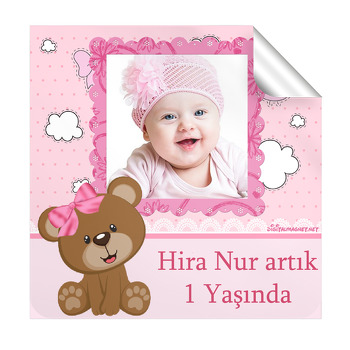 Pembe Kurdelalı Ayıcık Temalı Kare Etiket