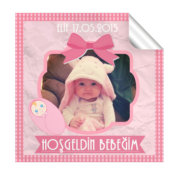 Pembe Kurdelalı Hoşgeldin Bebek Temalı  Kare Etiket