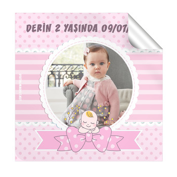 Pembe Kurdele Temalı Doğum Günü  Kare Etiket