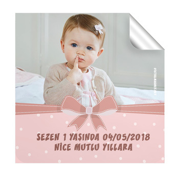 Pembe Kurdele Temalı Doğum Günü  Kare Etiket