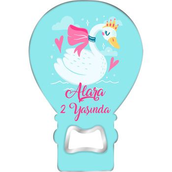 Pembe Kurdele ve Taçlı Kuğu Temalı Balon Ahşap Magnet 