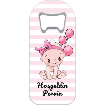 Pembe Kurdeleli Bebek ile Çizgili Fon Temalı Uzun Magnet Açacak
