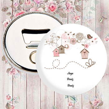 Pembe Kuşlar ve Çiçekler Temalı Magnet Açacak