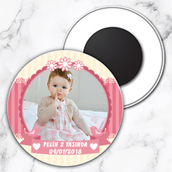 Pembe Kuşlar Ve Çiçekler Temalı Resimli Daire Plastik Magnet