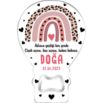 Pembe Leopar Desen ile Pembe Kalpli Gökkuşağı Temalı Balon Magnet Açacak