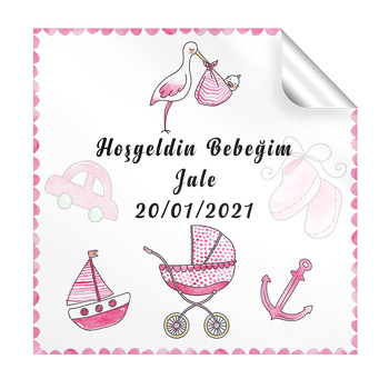 Pembe Leylek ile Bebek Temalı Kare Parti Etiket