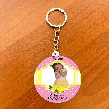Pembe Limon Temalı Fotoğraflı Daire Plastik Anahtarlık
