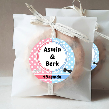 Pembe Mavi Puantiyeli Fon ile İkiz Temalı Sticker
