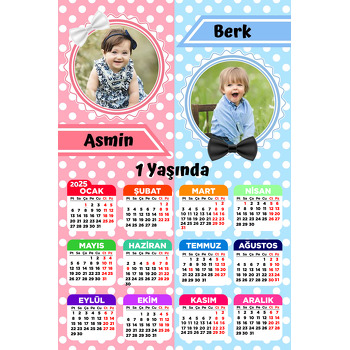 Pembe Mavi Puantiyeli Fon ile İkiz Temalı Takvim Magnet