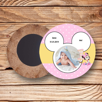 Pembe Mickey  Temalı Resimli Ahşap Daire Magnet