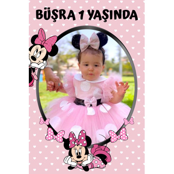 Pembe Minnie Mouse ile Kalpli Fon Temalı Doğum Günü Afiş