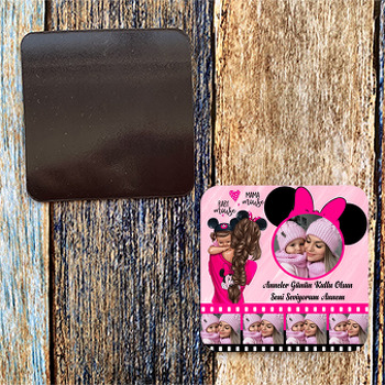Pembe Minnie Mouse Mom Temalı Film Şeritli Kare Magnet