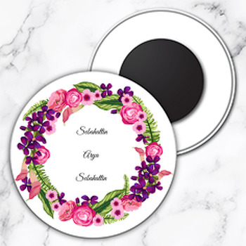 Pembe Mor Çiçekler Temalı Söz Nişan Nikah Daire Plastik Magnet