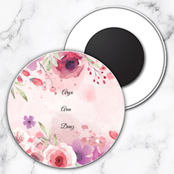 Pembe Mor Çiçekler Temalı Söz Nişan Nikah Daire Plastik Magnet