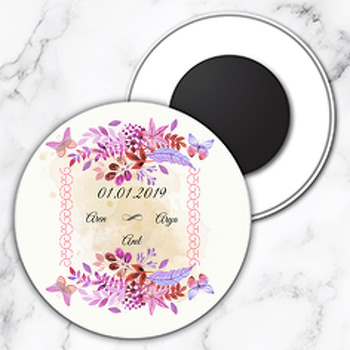 Pembe Mor Çiçekler Ve Kelebek Temalı Söz Nişan Nikah Daire Plastik Magnet