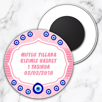 Pembe Nazar Boncuğu Temalı Daire Plastik Magnet