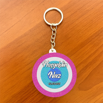 Pembe Nazar Boncuğu Temalı Daire Plastik Anahtarlık