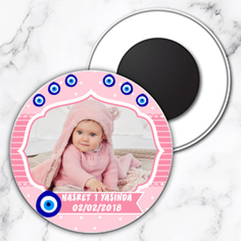 Pembe Nazar Boncuğu Temalı Resimli Daire Plastik Magnet