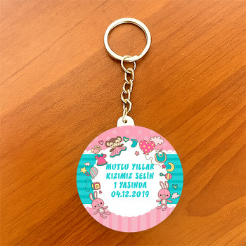 Pembe Oyuncak Tavşan Temalı Daire Plastik Anahtarlık