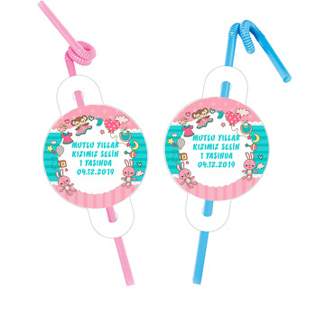 Pembe Oyuncak Tavşan Temalı Pipet ve Kartı