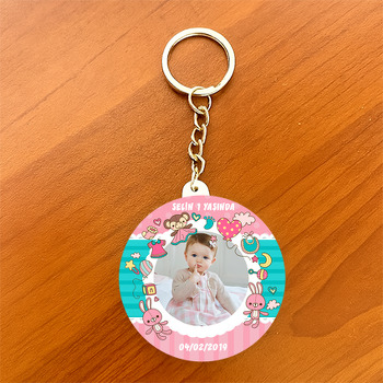 Pembe Oyuncak Tavşan Temalı Resimli Daire Plastik Anahtarlık