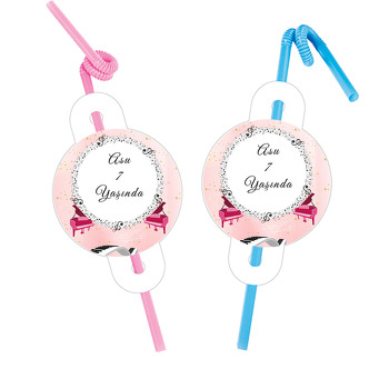 Pembe Piyano Temalı Pipet ve Kartı