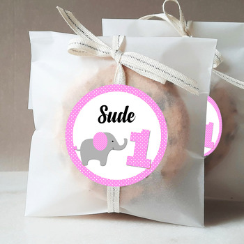 Pembe Puantiyeli Fil ile Bir Yaş Temalı Doğum Günü Sticker