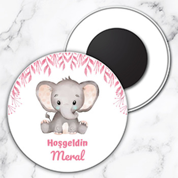 Pembe Puantiyeli Fil ile Yapraklar Temalı Daire Plastik Magnet