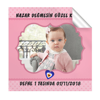 Pembe Puantiyeli Nazar Boncuk Temalı Kare Magnet Temalı Kare Parti Etiket