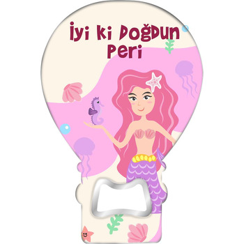 Pembe Saçlı Denizkızı Krem Fonda Temalı Balon Ahşap Magnet 