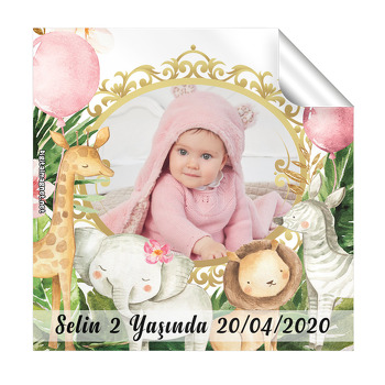 Pembe Safari Temalı Resimli Kare Etiket