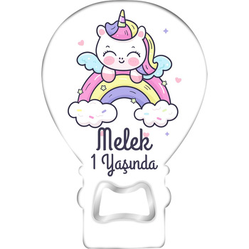 Pembe Sarı Mor Gökkuşağı ile Unicorn Temalı Balon Ahşap Magnet 