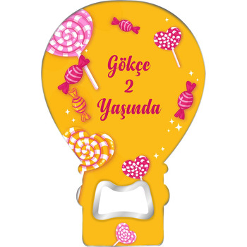 Pembe Şekerler ile Sarı Fon Temalı Balon Ahşap Magnet 