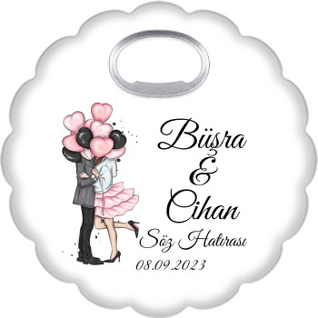 Pembe Siyah Kalpli Balonlar ile Aşık Çift Temalı Çiçek Şekilli Magnet Açacak