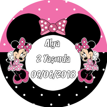 Pembe Siyah Minnie Mouse Temalı Akrilik Daire Magnet