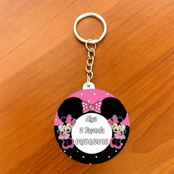 Pembe Siyah Minnie Mouse Temalı Daire Plastik Anahtarlık