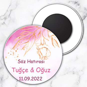 Pembe Suluboya Fonda Gold Gül Temalı Daire Plastik Magnet
