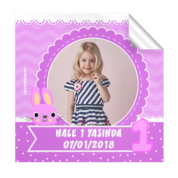 Pembe Tavşan Temalı 1 Yaş Doğum Günü  Kare Etiket