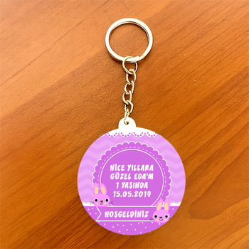 Pembe Tavşan Temalı Daire Plastik Anahtarlık