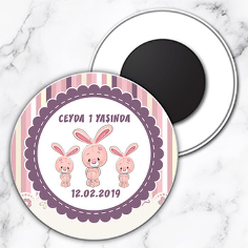 Pembe Tavşan Temalı Daire Plastik Magnet