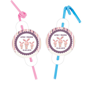 Pembe Tavşan Temalı Pipet ve Kartı