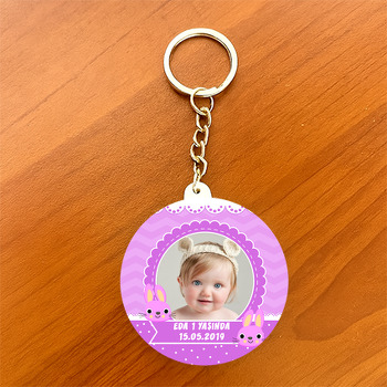 Pembe Tavşan Temalı Resimli Daire Plastik Anahtarlık
