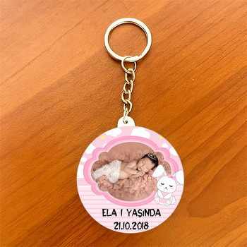 Pembe Tavşan Temalı Resimli Daire Plastik Anahtarlık