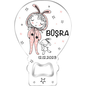 Pembe Tavşan Tulumlu Kız Temalı Balon Ahşap Magnet 