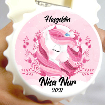 Pembe Unicorn ile Bahar Dalları Temalı Kapak Şekilli Magnet Açacak