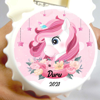 Pembe Unicorn ile Çiçekli Flama Temalı Kapak Şekilli Magnet Açacak