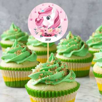 Pembe Unicorn ile Çiçekli Flama Temalı Parti Kürdan Süs