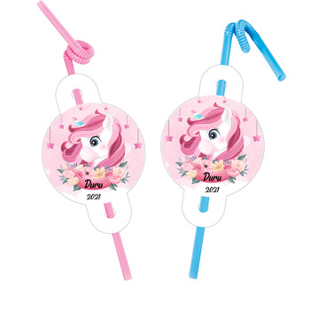 Pembe Unicorn ile Çiçekli Flama Temalı Pipet ve Kartı